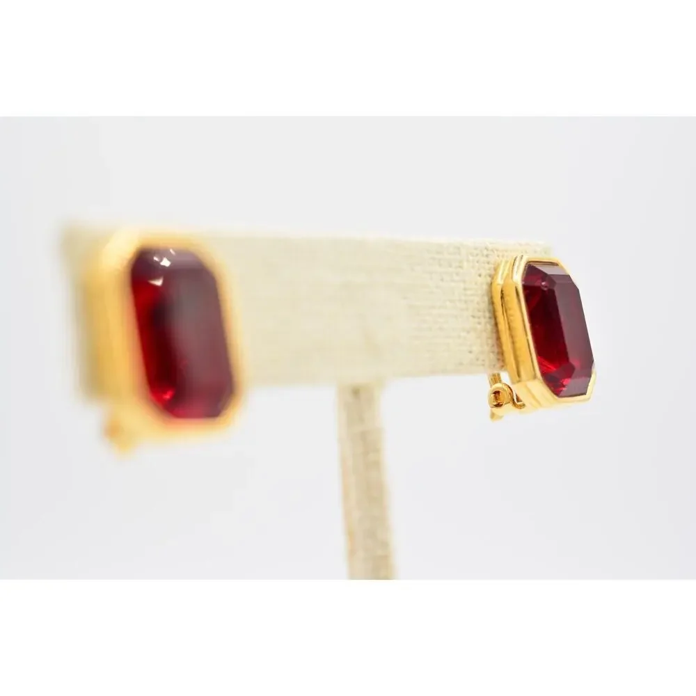 Givenchy Vintage Crystal Clip On Earrings Red Baguette Rhinestone Signed BinAG - Picture 5 of 12